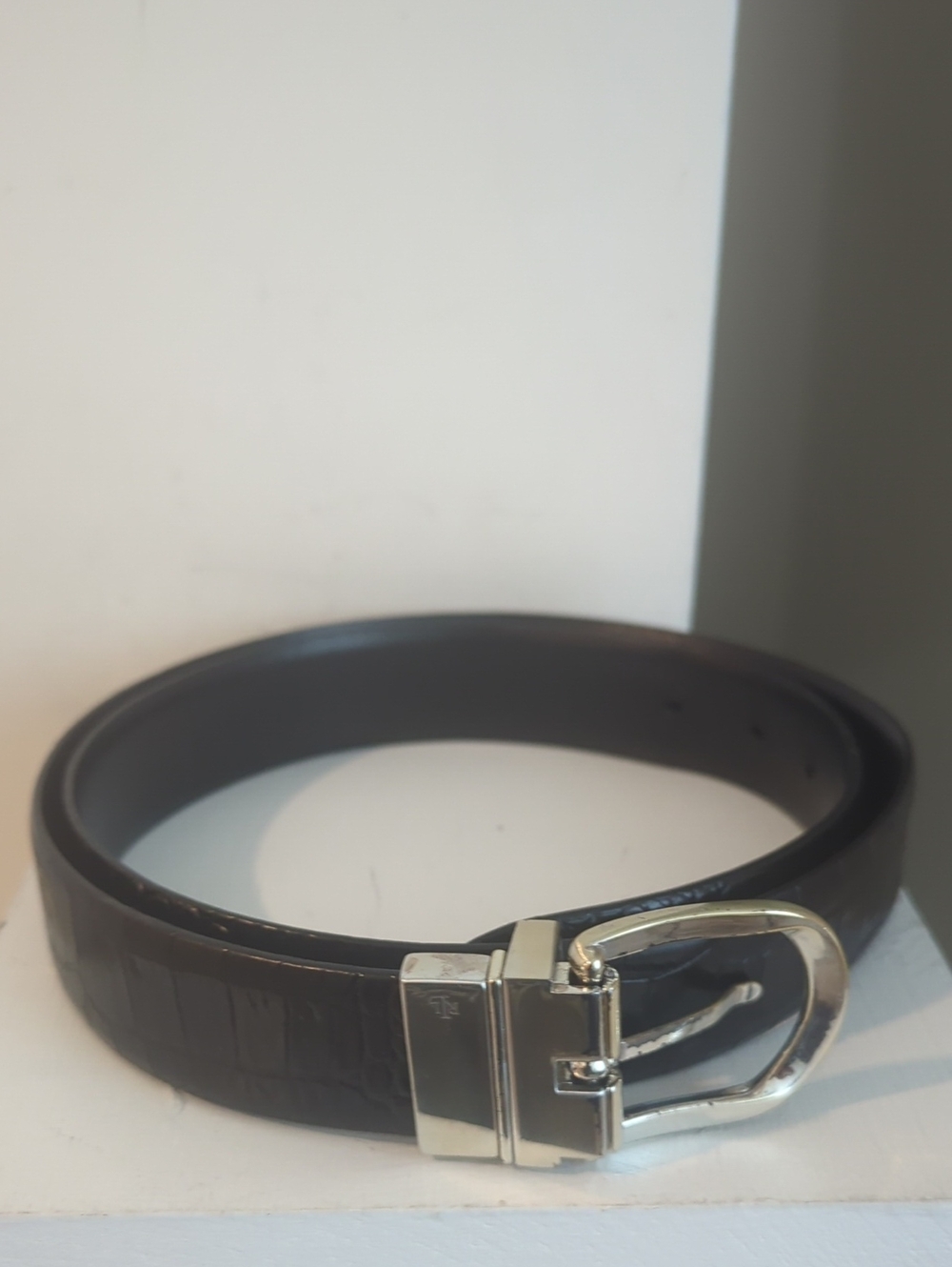 Ralph Lauren Dark Brown Croc-Embossed Leather Belt with Silver Buckle L43 E2E